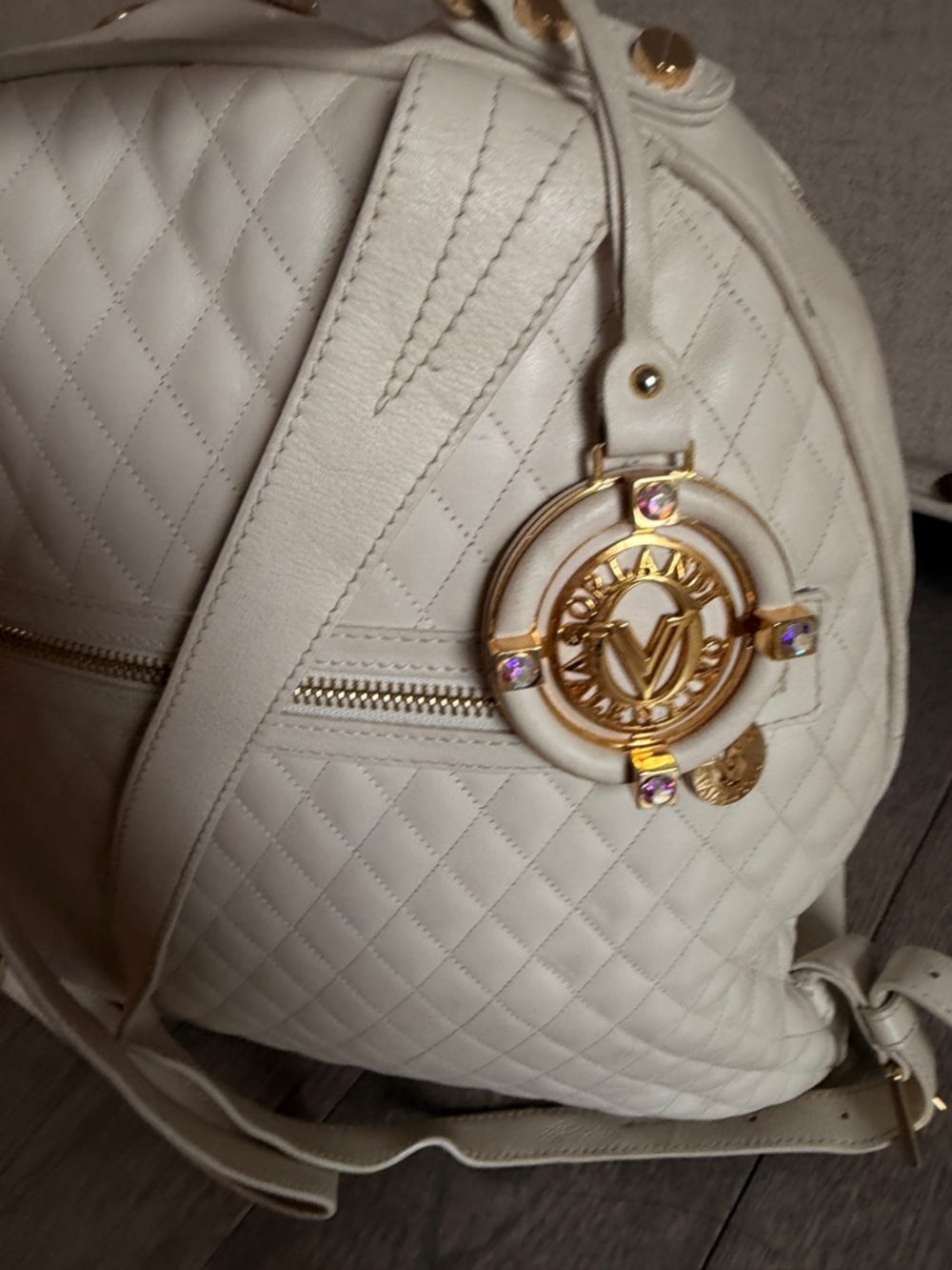 Marino Orlandi Cream Leather Backpack with Multicolor Floral Appliqués - Picture 5 of 7